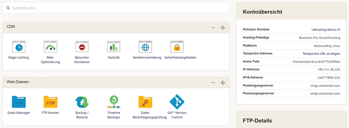 Cpanel: Startseite mit Bereichen und Kontoübersicht
