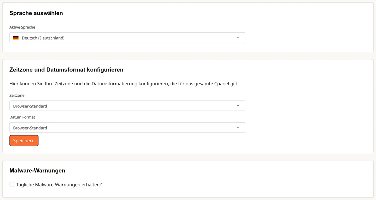 Cpanel: Präferenzen mit Sprache, Zeitzone und Malware-Warnungen