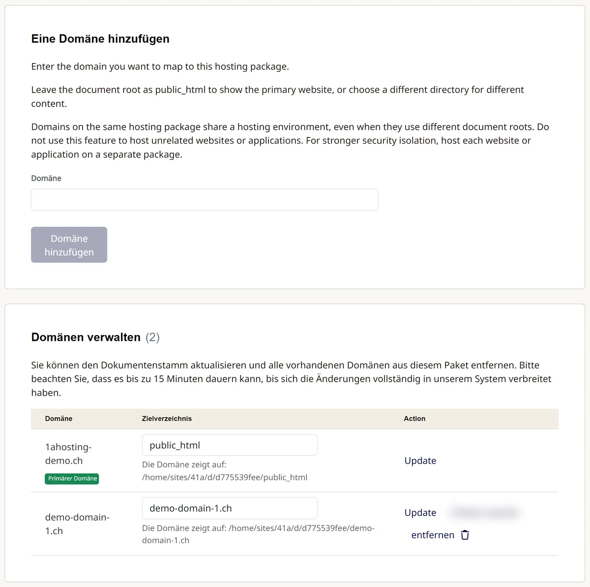 Cpanel: Domänen verwalten mit dem Formular «Eine Domäne hinzufügen» und der Liste der Domänen