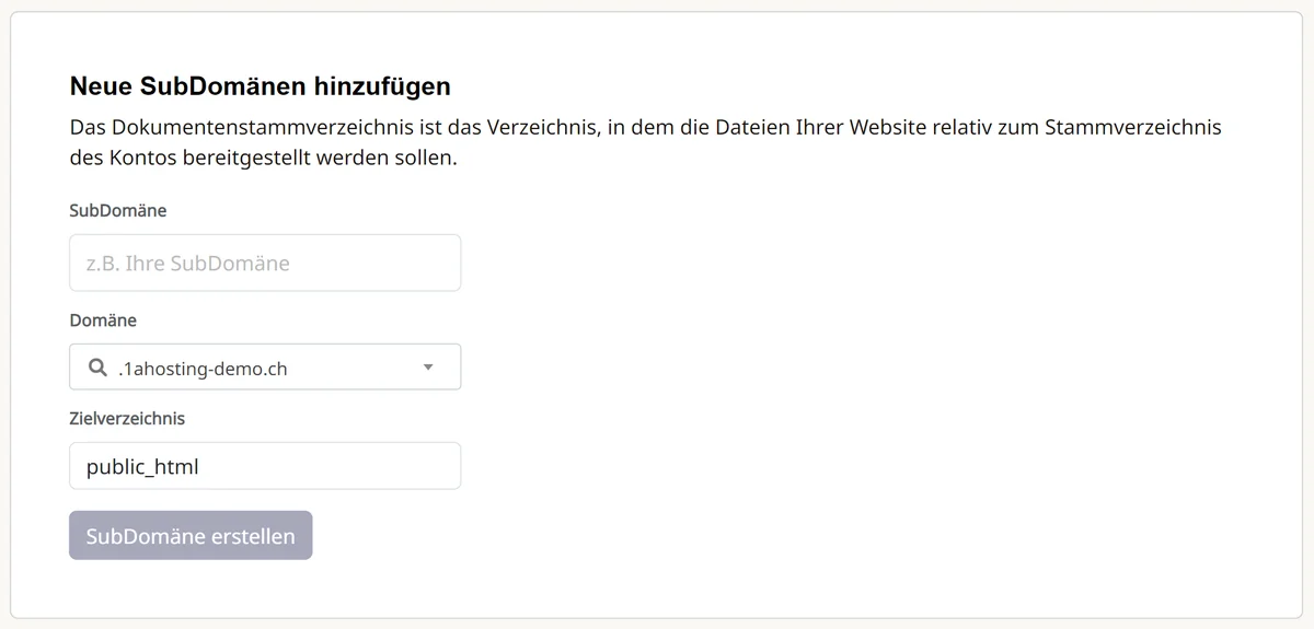 Cpanel: Formular «Neue SubDomänen hinzufügen»