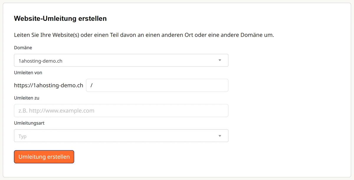 Cpanel: Formular «Website-Umleitung erstellen»