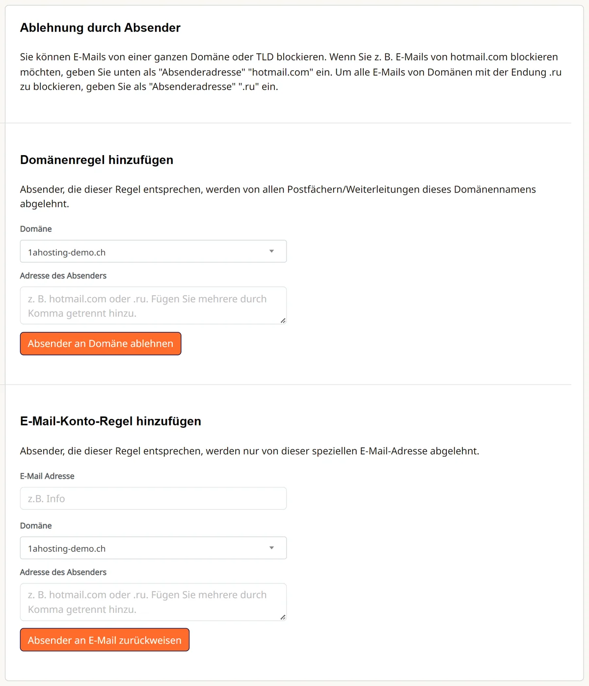 Cpanel: Ablehnung durch Absender mit Domänenregel und E-Mail-Konto-Regel