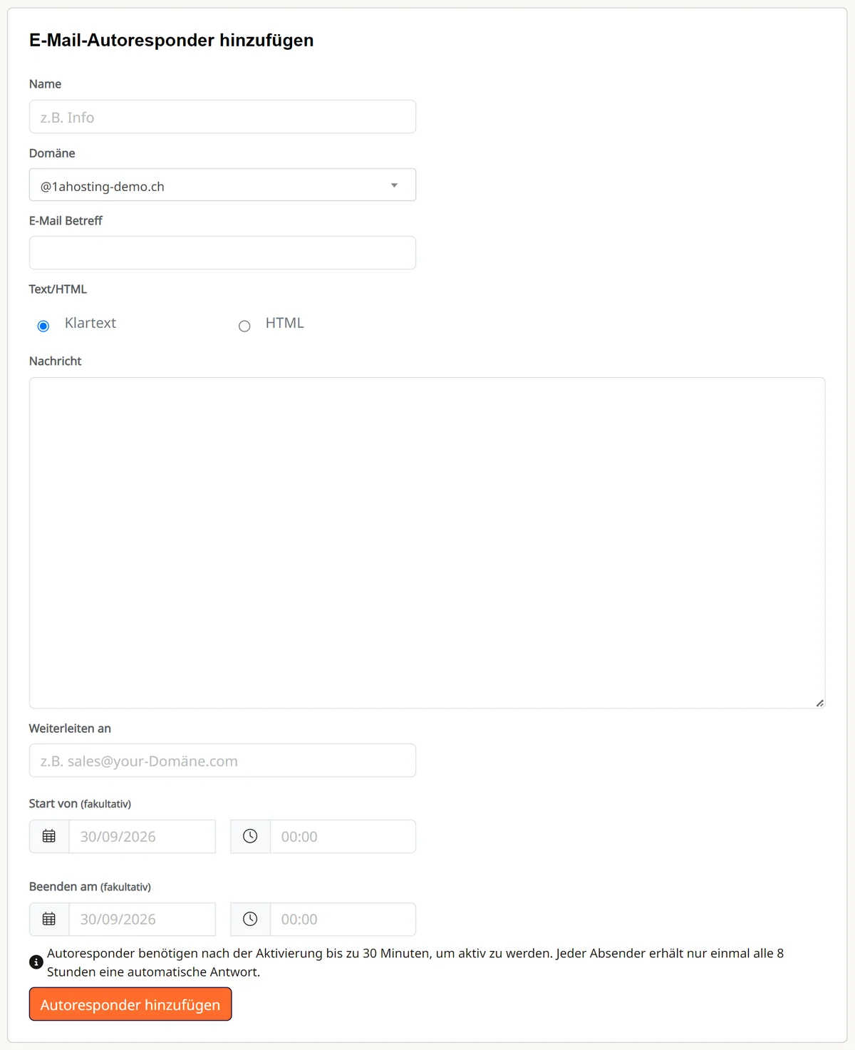 Cpanel: Formular «E-Mail-Autoresponder hinzufügen»
