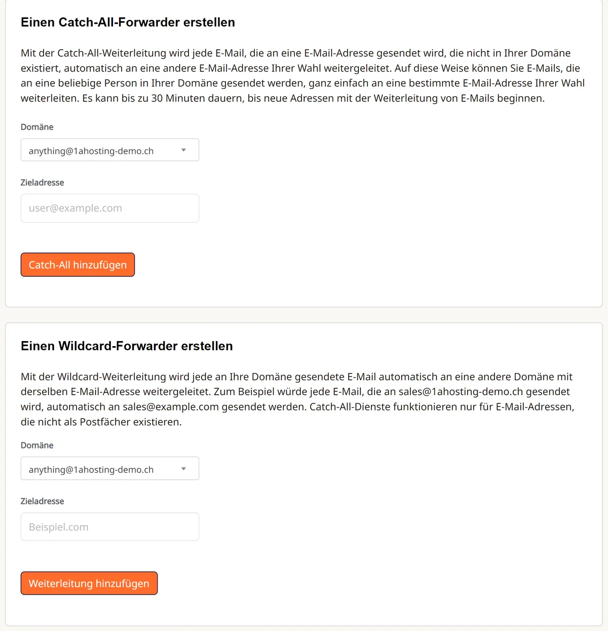 Cpanel: Formulare «Einen Catch-All-Forwarder erstellen» und «Einen Wildcard-Forwarder erstellen»