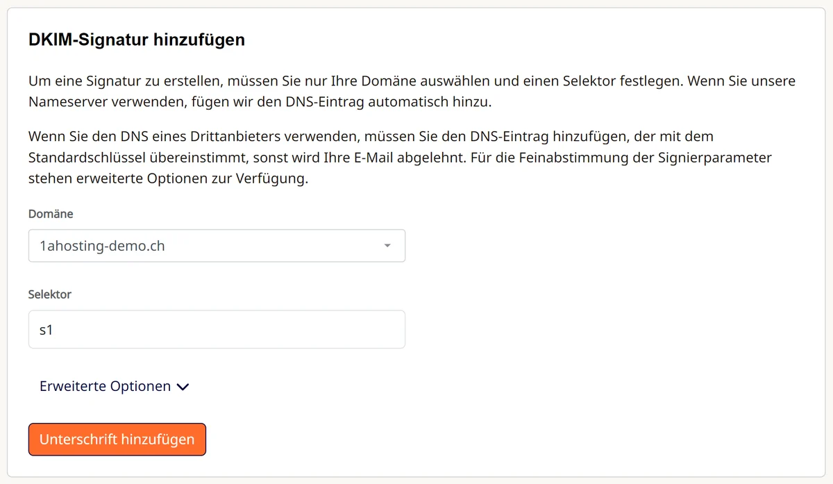Cpanel: DKIM-Signaturen mit dem Formular «DKIM-Signatur hinzufügen»