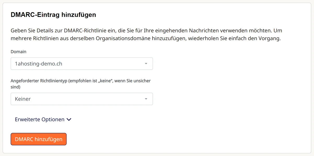 Cpanel: DMARC-Assistent mit dem Formular «DMARC-Eintrag hinzufügen»