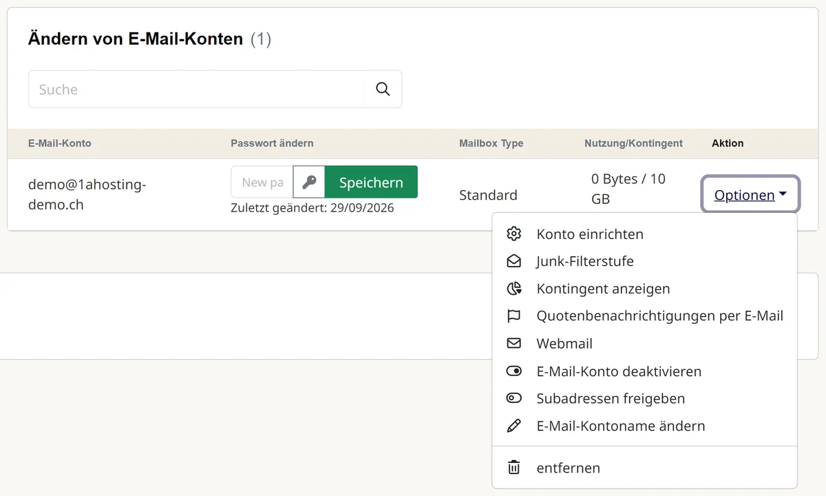 Cpanel: Liste «Ändern von E-Mail-Konten» mit geöffnetem Menü «Optionen»
