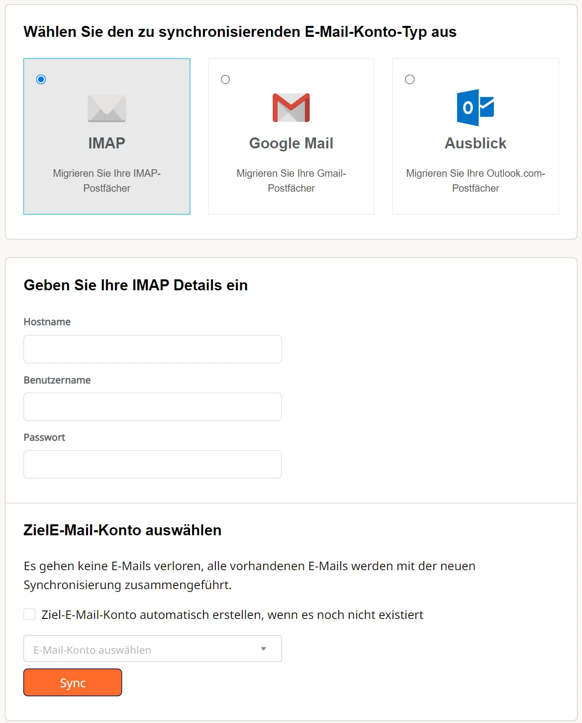 Cpanel: E-Mail-Migrationen mit Auswahl des Typs und den Anmeldedaten