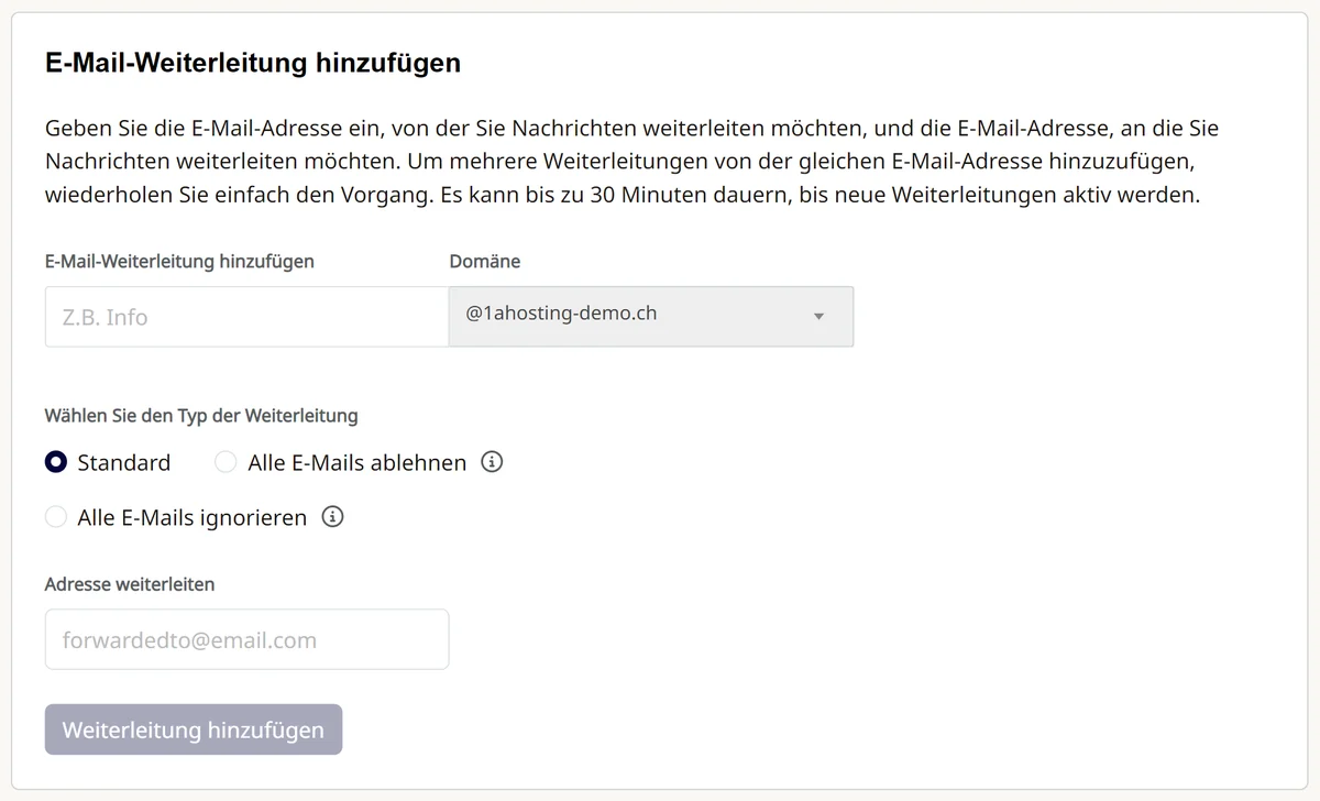 Cpanel: Formular «E-Mail-Weiterleitung hinzufügen»