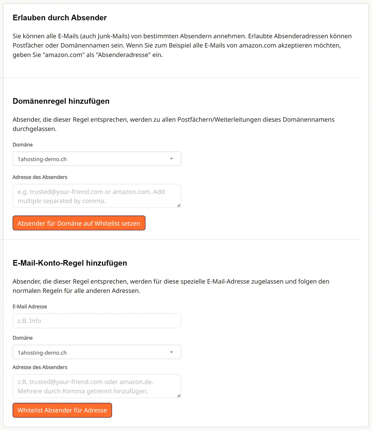 Cpanel: Erlauben durch Absender mit Domänenregel und E-Mail-Konto-Regel