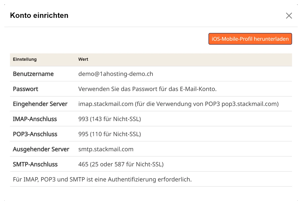 Cpanel: Fenster «Konto einrichten» mit allen Serverangaben