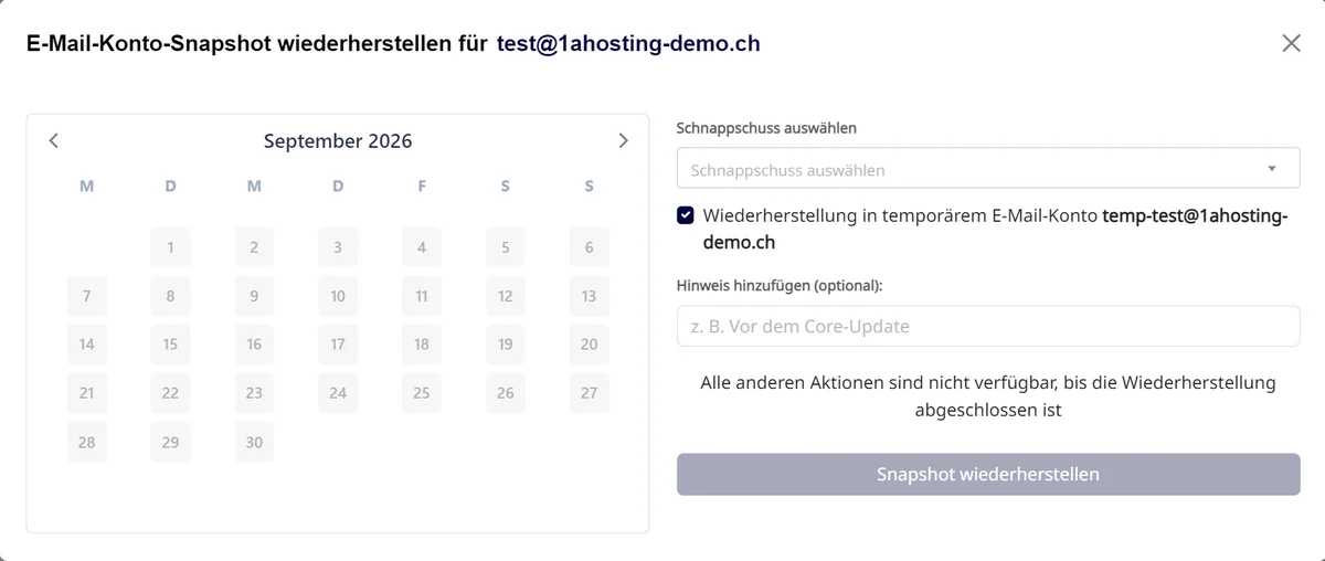 Cpanel: Fenster «E-Mail-Konto-Snapshot wiederherstellen» mit Kalender und Option für das temporäre E-Mail-Konto