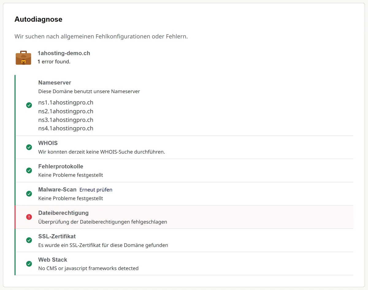 Cpanel: Ergebnis der automatischen Diagnose