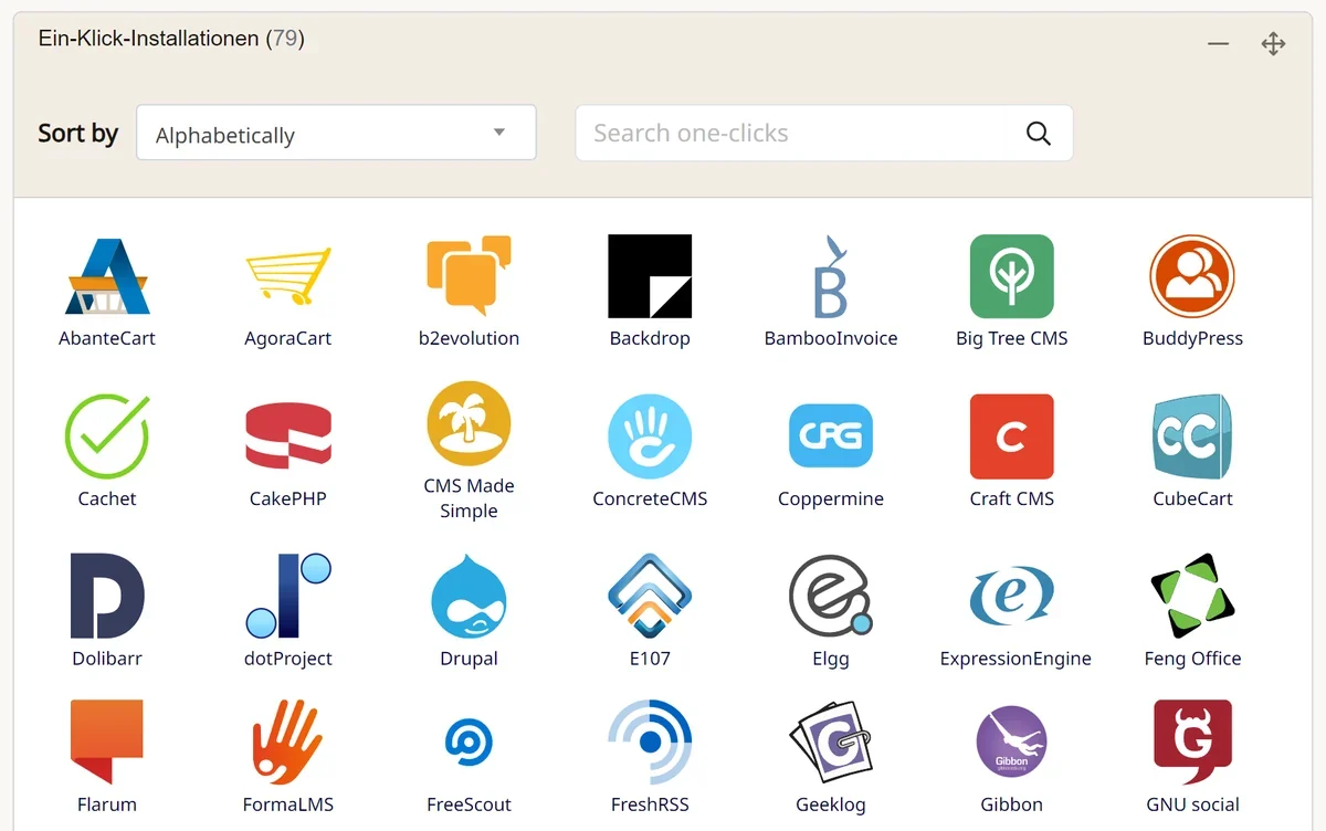 Cpanel: Bereich «Ein-Klick-Installationen» mit Sortierung und Suche