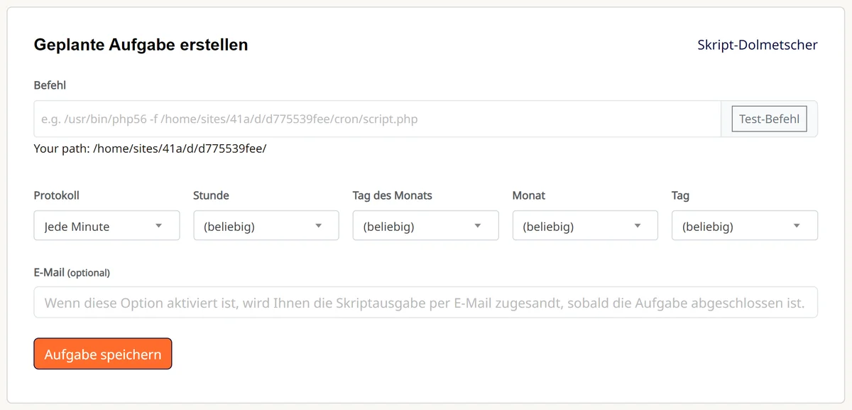 Cpanel: Formular «Geplante Aufgabe erstellen» mit Befehl und Zeitplan