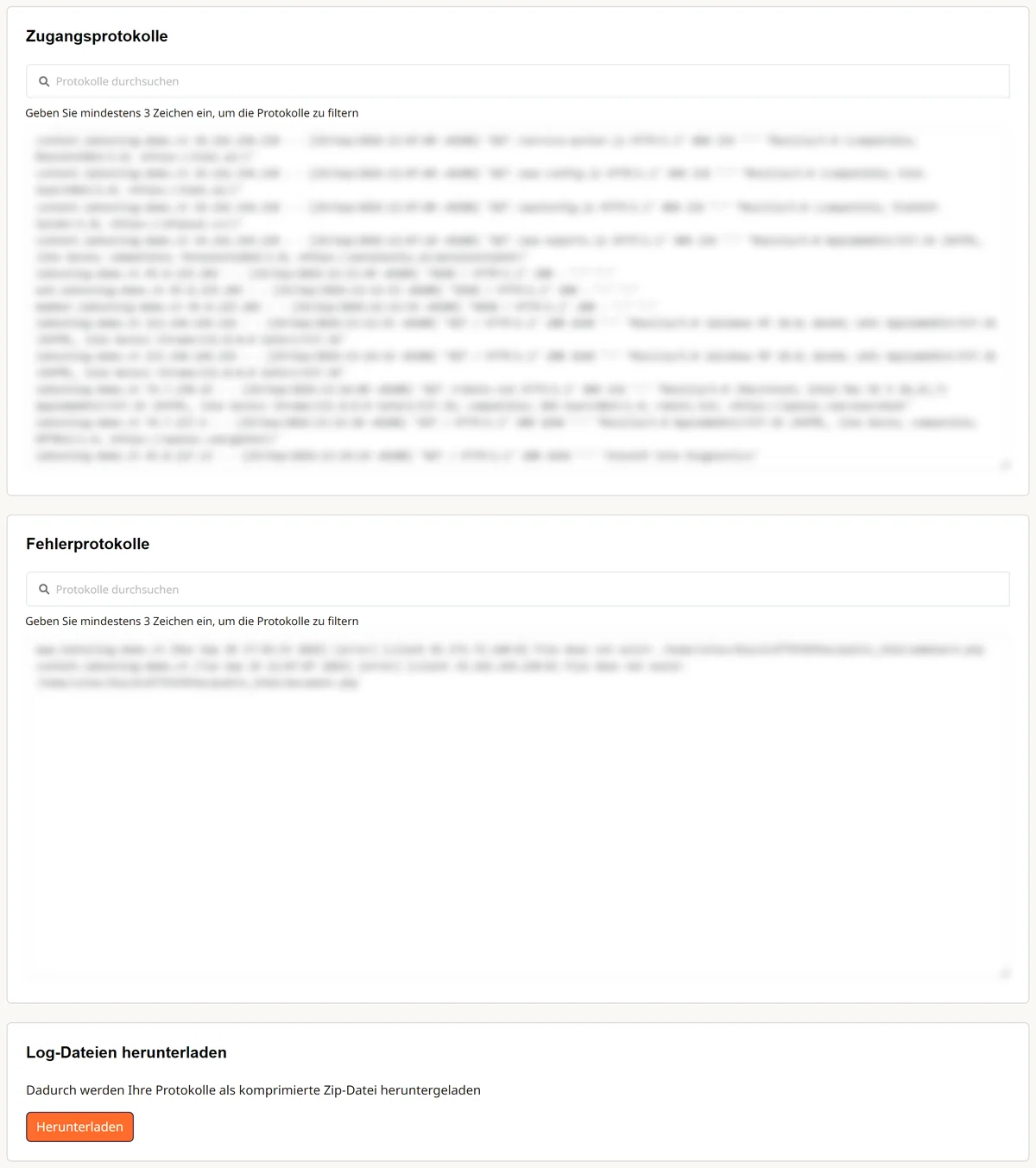 Cpanel: Zugriffs- und Fehlerprotokolle mit Suchfeld und Download