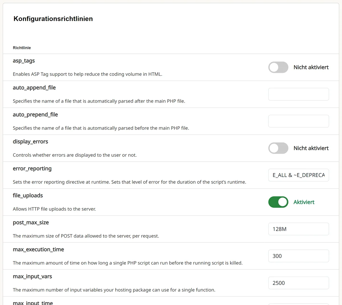 Cpanel: PHP-Konfiguration mit den Konfigurationsrichtlinien