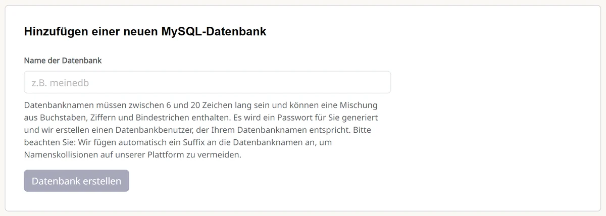 Cpanel: Formular «Hinzufügen einer neuen MySQL-Datenbank»
