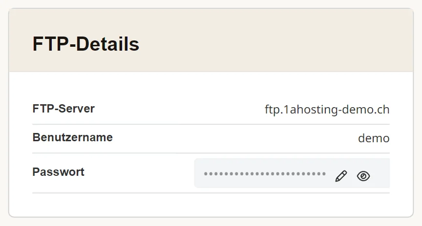 Cpanel: FTP-Details in der rechten Spalte mit Server, Benutzername und Passwort