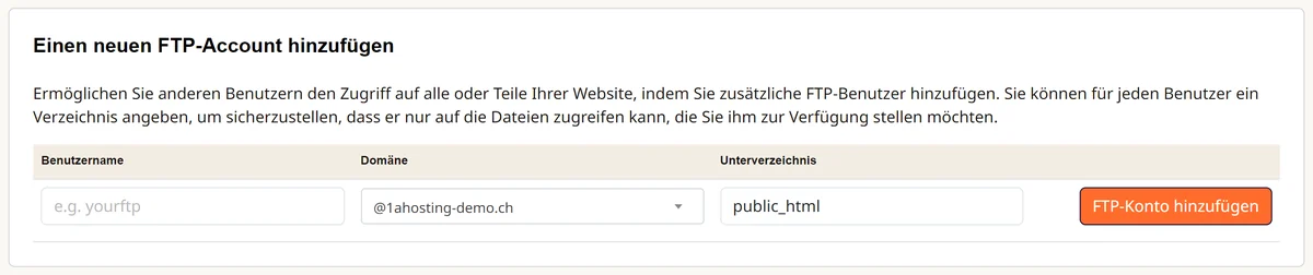 Cpanel: Formular «Einen neuen FTP-Account hinzufügen»