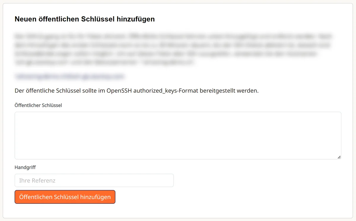 Cpanel: SSH-Zugang mit dem Formular «Neuen öffentlichen Schlüssel hinzufügen»