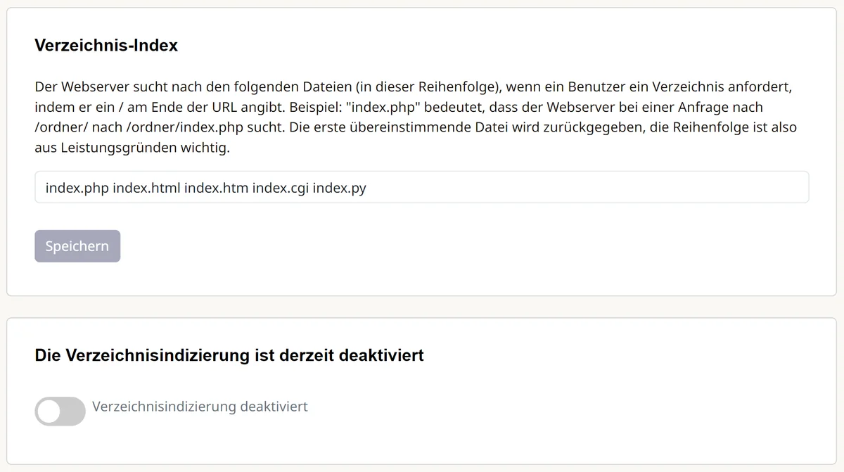 Cpanel: Verzeichnis-Index und Schalter für die Verzeichnisindizierung