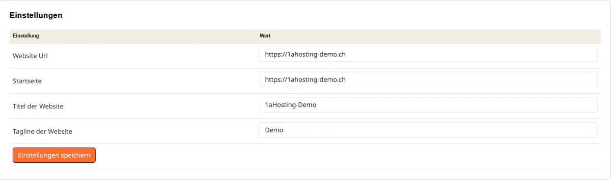 Cpanel: WordPress-Einstellungen mit Adresse, Titel und Tagline