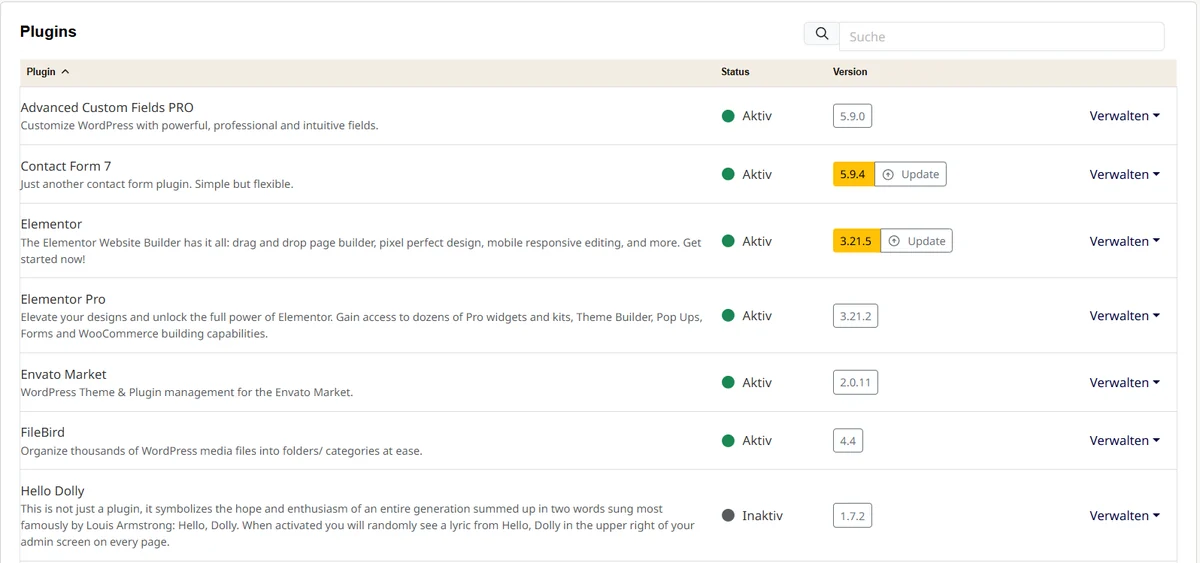 Cpanel: WordPress-Plugins mit Status, Version und Update