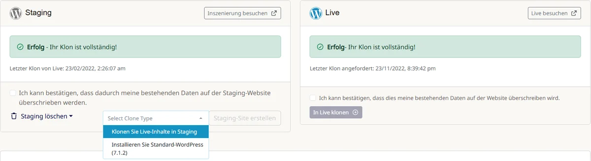 Cpanel: WordPress Staging mit Auswahl der Art der Kopie