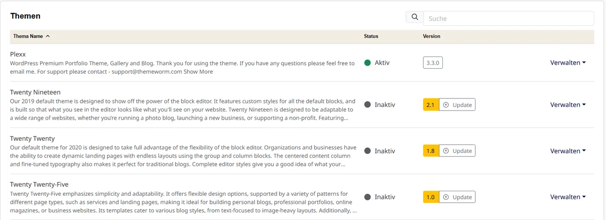 Cpanel: WordPress-Themen mit Status und Version