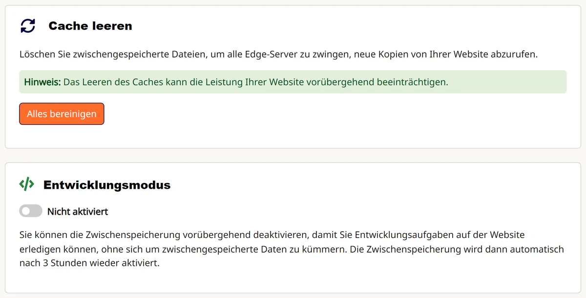 Cpanel: Cache leeren und Entwicklungsmodus