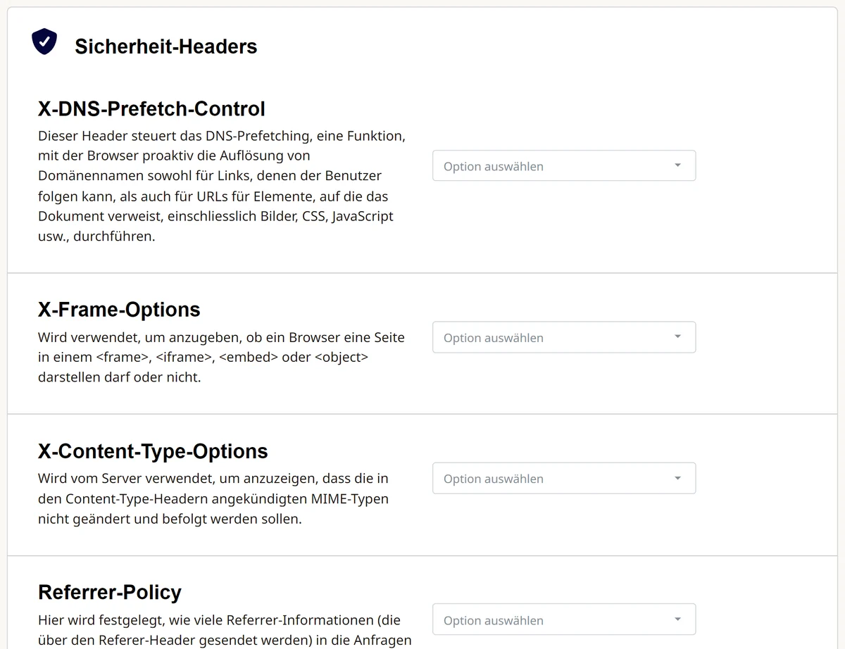 Cpanel: Sicherheitskopfzeilen mit Auswahlfeldern