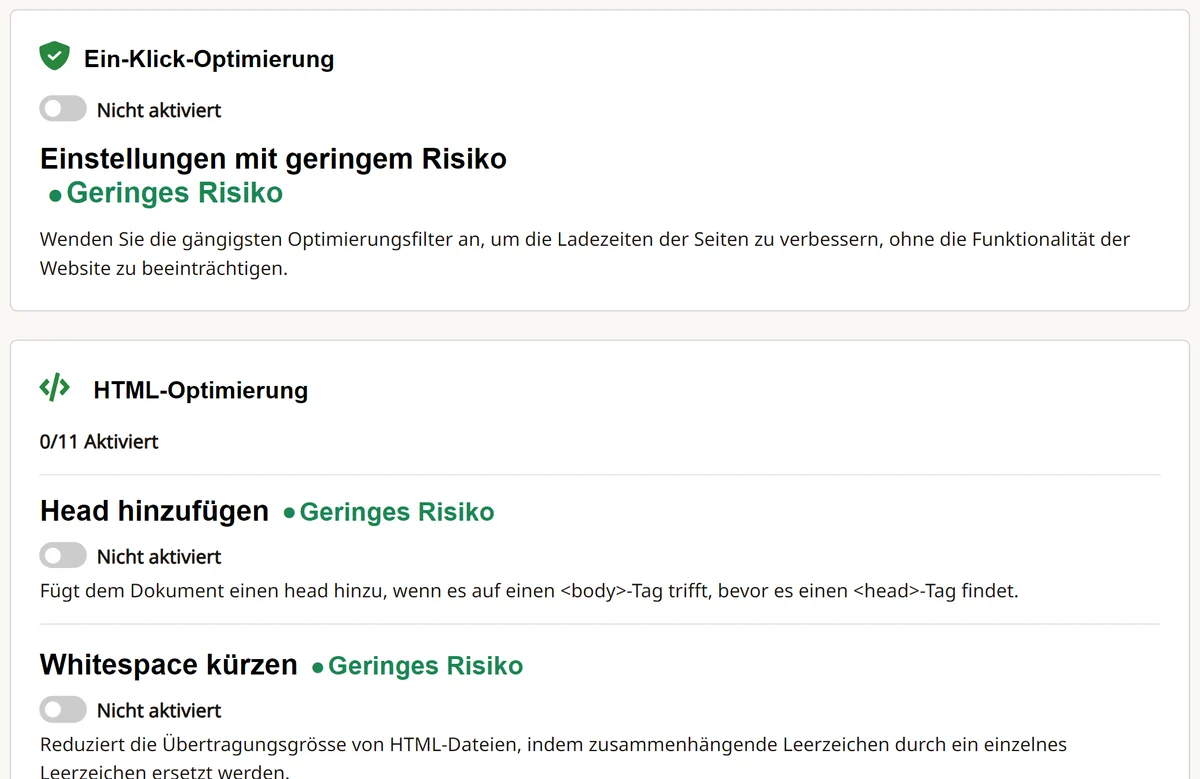 Cpanel: Ein-Klick-Optimierung und HTML-Optimierung